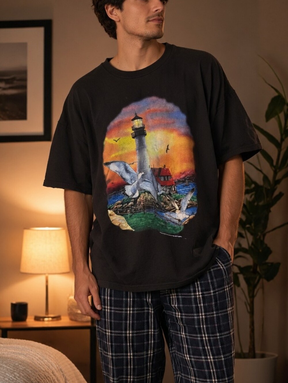 Vintage Starfly Lighthouse Graphic Tee Black One Size Glow in the Dark